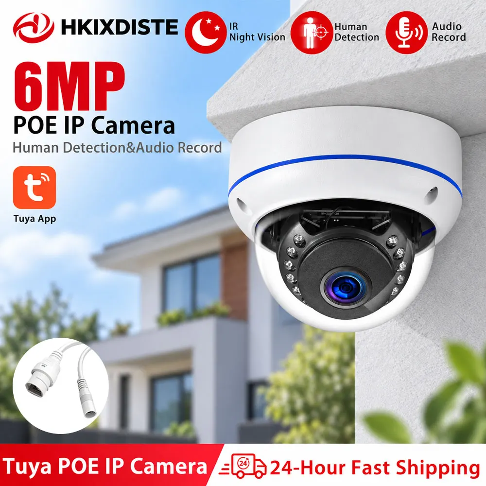 Tuya 6MP POE IP Camera Outdoor Dome Security Camera Night Vision Motion Detection Metal Explosion-Proof Audio Smart Surveillance