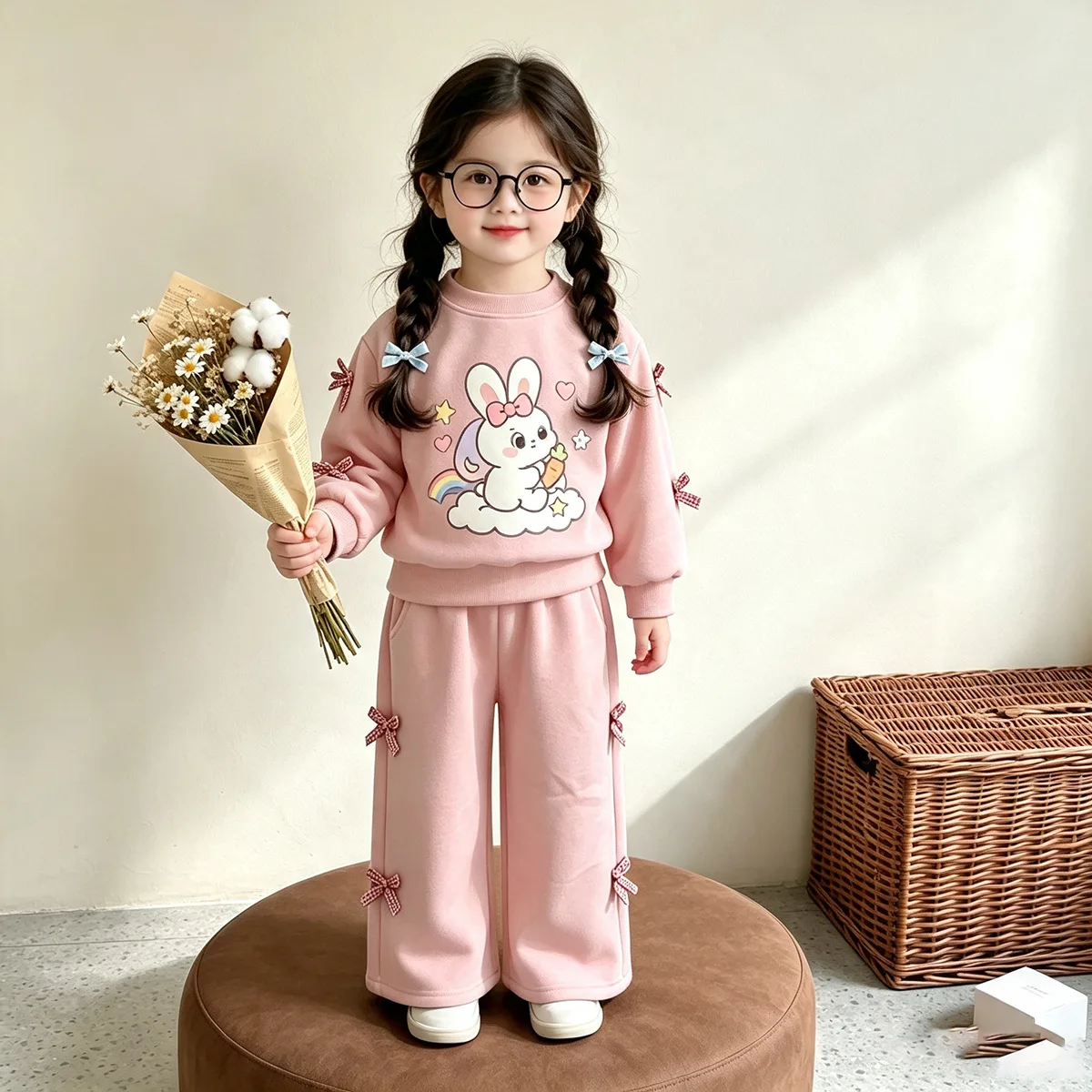 Mädchen Cartoon-Häschen-Sweatshirt & Weitbein-Hosen-Set – 2-teiliges Outfit im koreanischen Stil für ältere Kinder, Frühling Herbst Casual – Detail 7
