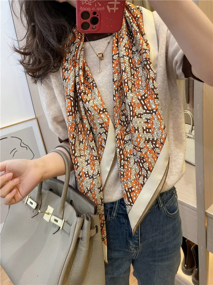 Mulberry Silk Scarf Square Rolled Hem Luxury Designer Silk Shawl H Letter Scarves 90 90CM Geometry Print Bandannas 90cm