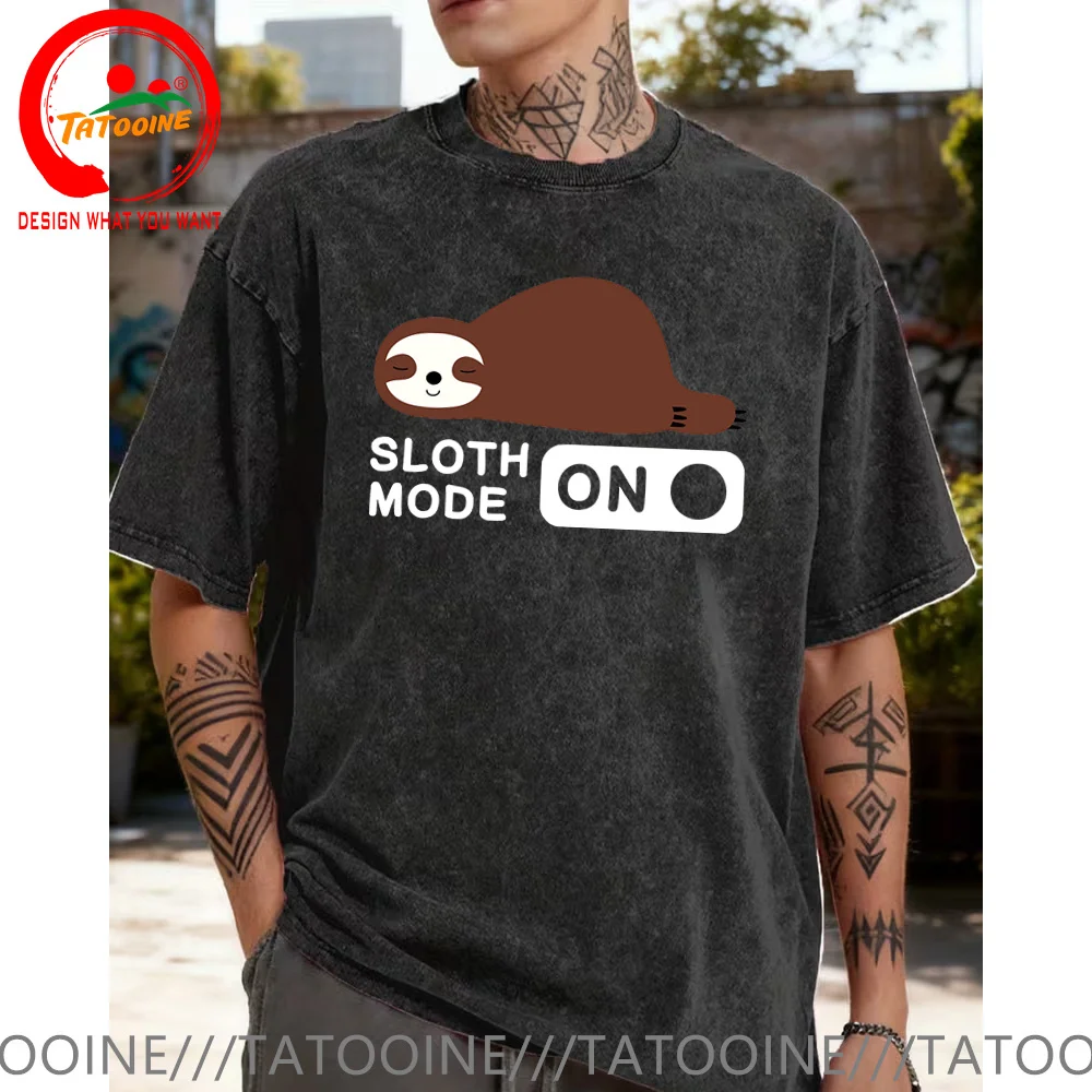 

Vintage Washed Cotton T-Shirt Funny Sloth Mode On T Shirt Women Men Fashion Trendy Casual Clothes Tops Tee Shirt Hip Hop T-Shirt