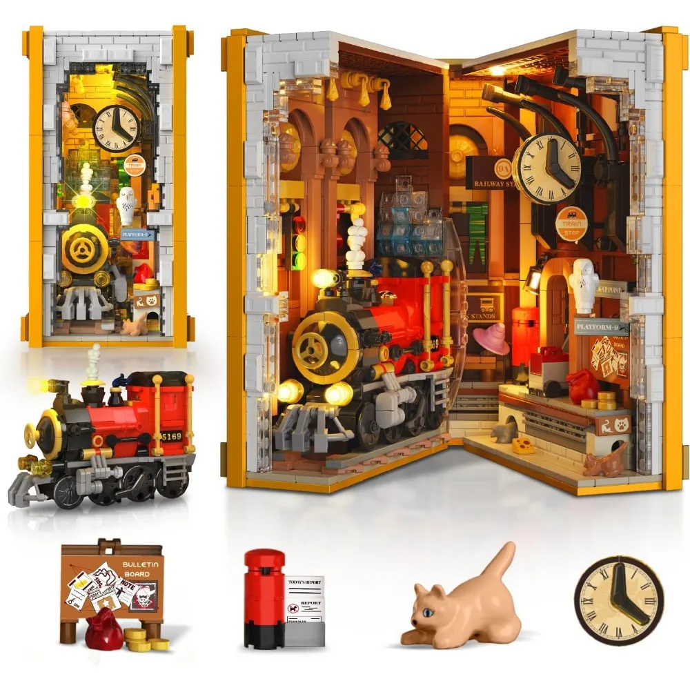 

HOGOKIDS Magic Train Station Book Nook Building Set, 1300 Pieces Bookshelf Home Decor DIY Kit
