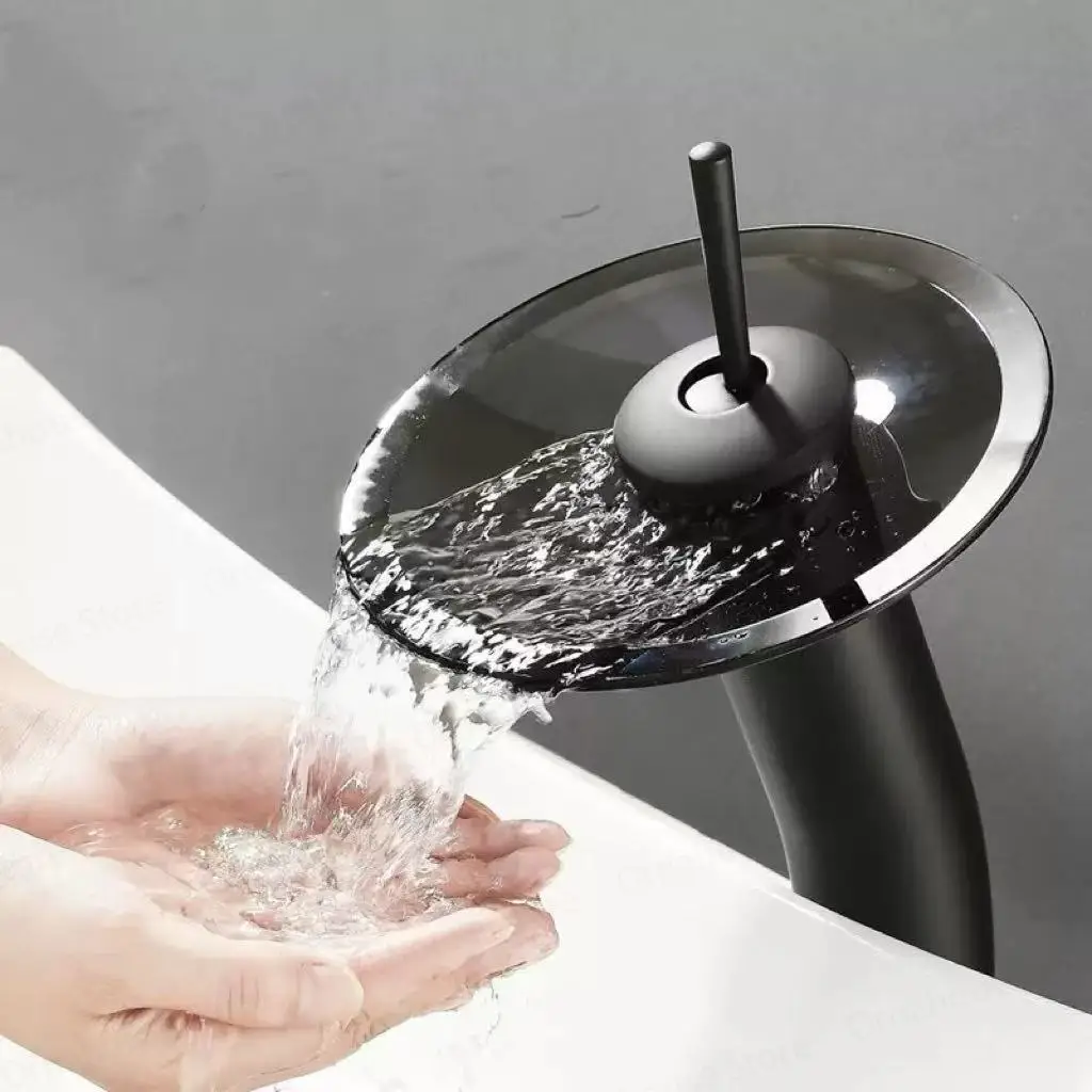 Nature Glass Waterfall Faucet Cold and Hot All-copper Creative Glass Art Chrome Single-hole Countertop Installation Faucet