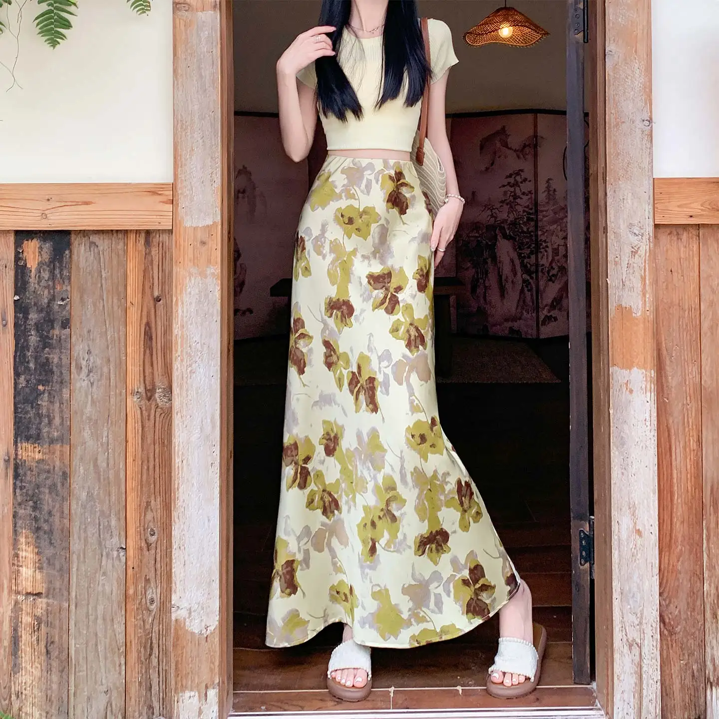 

Yellow Flower Silk Fish Tail Skirt Women's Summer Long Midi Skirt Water Ink Print Wrap around Skirt Elegant Fashionable