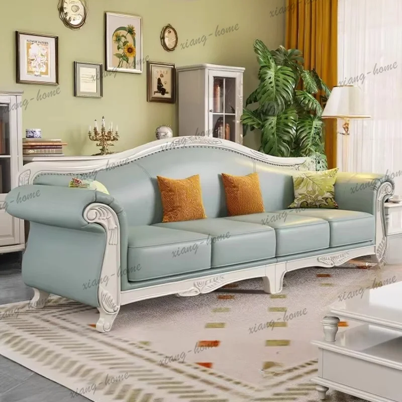FG Living room white retro solid wood leather sofa top layer cowhide 123 combination