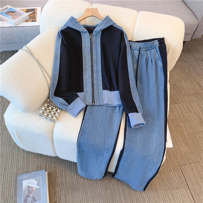 Vintage Denim Coat Pants Women 2 Piece Set Hooded Long Sleeve Single-breasted Jacket Female Suit 2024 Office Lady Commute Outfit