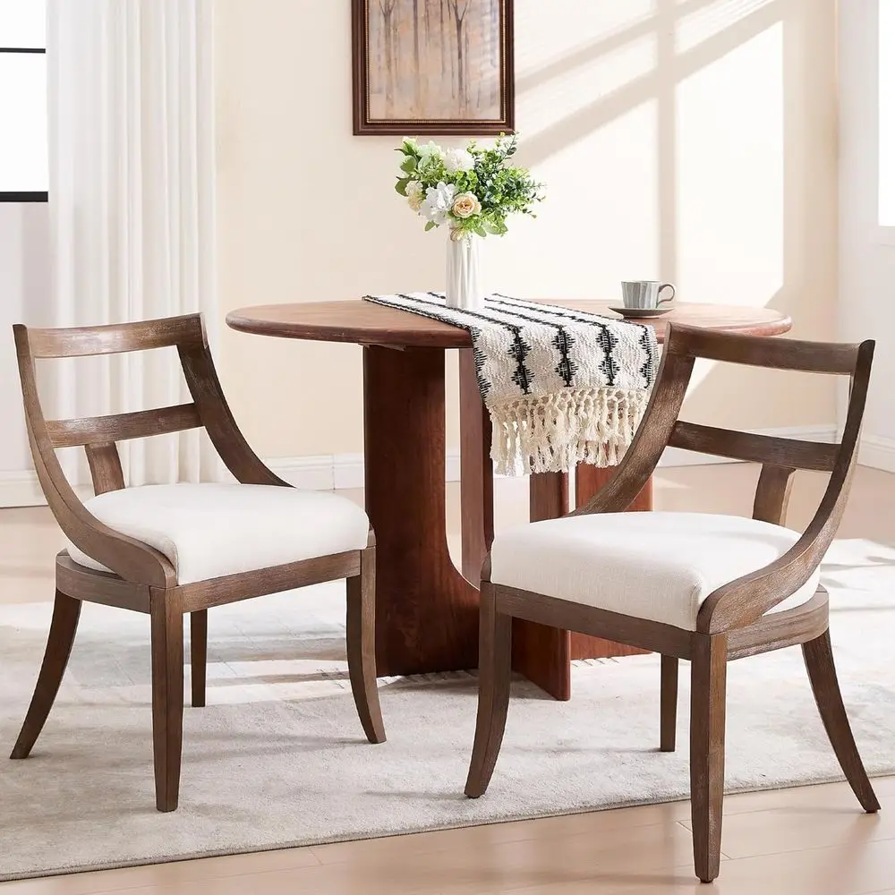 4-Piece Century Upholstered Dining Set with Curved Wooden Back, Brown Walnut & Beige