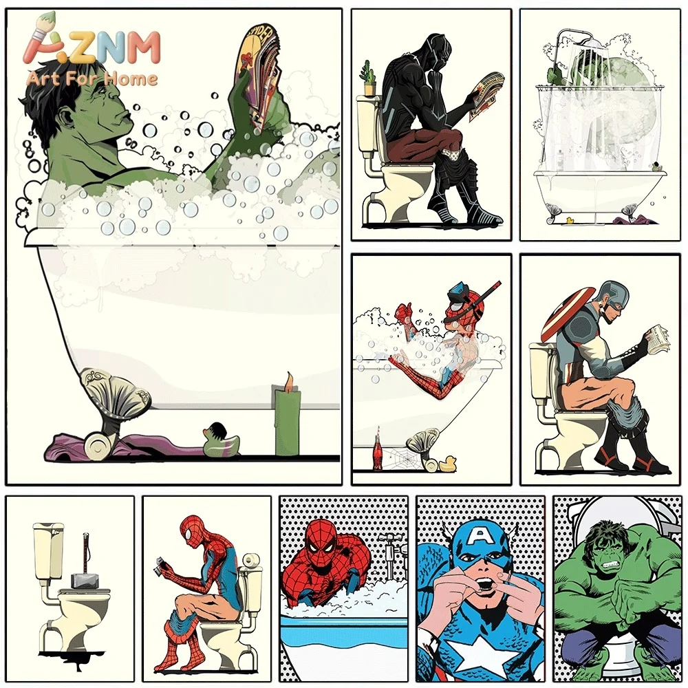 Funny Bathroom Theme Marvel Superhero Canvas Wall Print, Humorous Hero Bath & Toilet Time Illustration Poster, Unframed Canvas