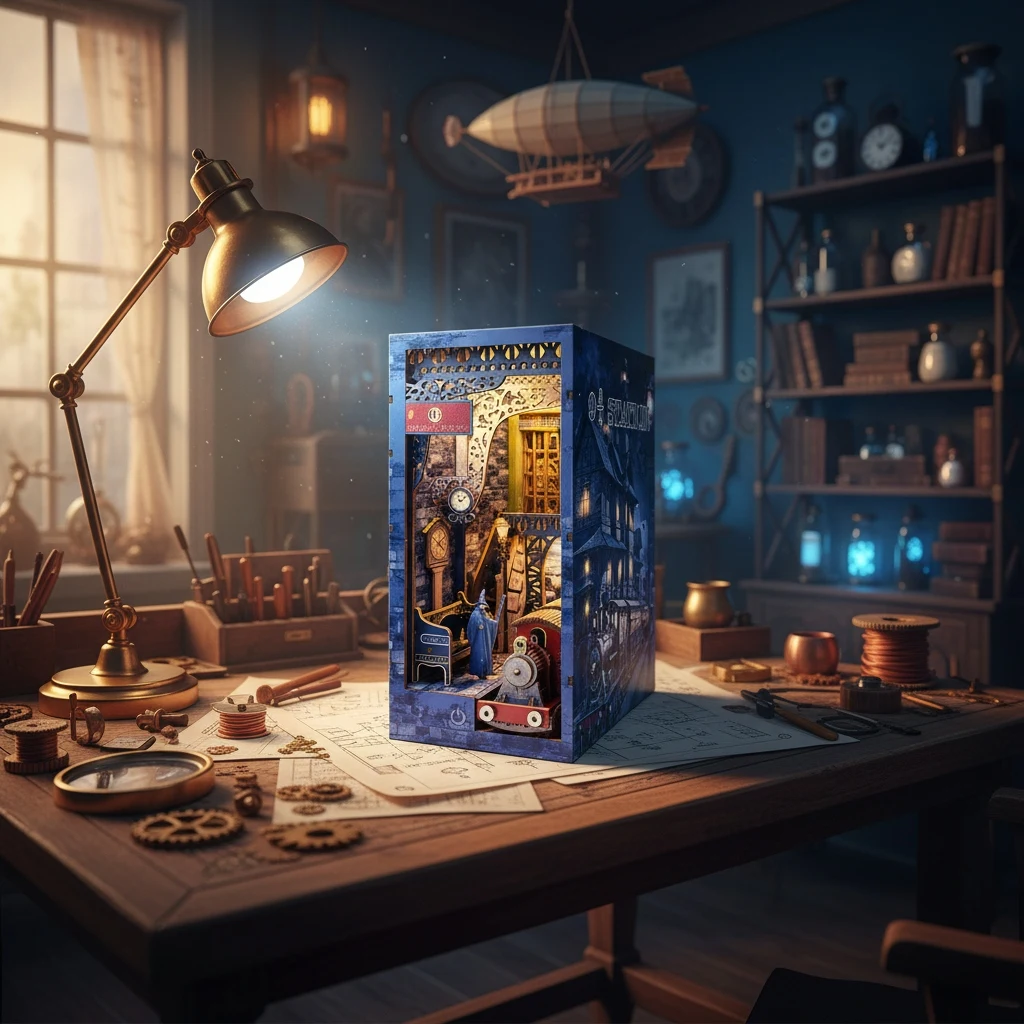 OUZEY DIY magisch thema trein stopboek hoekje -3D houten puzzel miniatuur model kit met beeldjes, uniek huisdecor