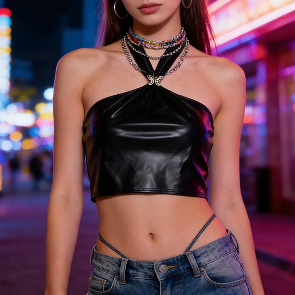 Female Butterfly Buckle Party Clubwear Summer Sexy PU Imitation Leather Black Crop Top Halter Button Tee Women Backless Camisole