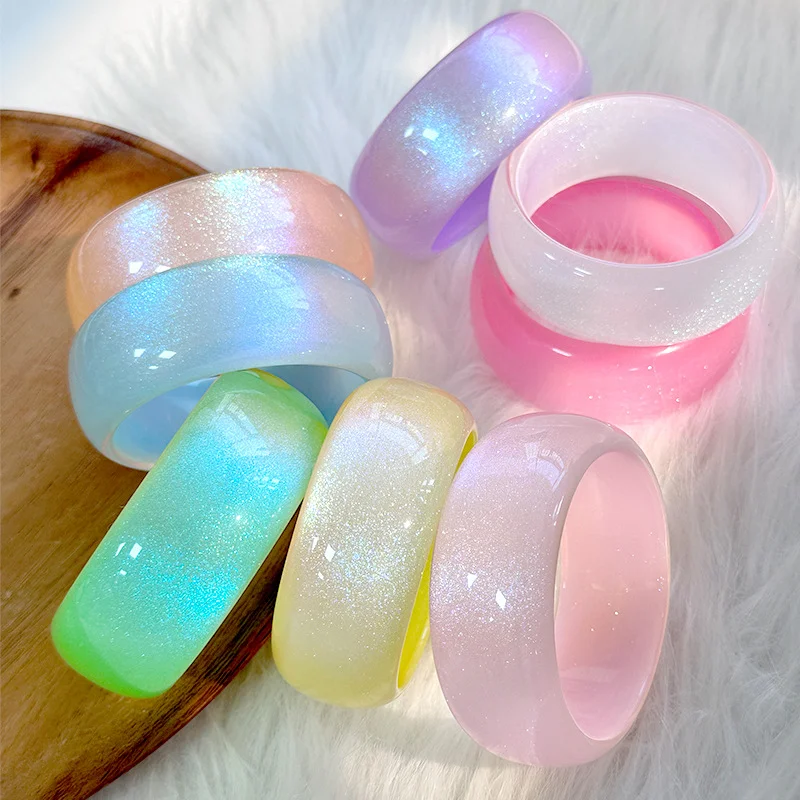 

Fashion Round Jelly Colored Shiny Powder Acrylic Bangle Bracelet w/Simple Geometry Wide Face Resin Bracelet Party Jewelry Gift