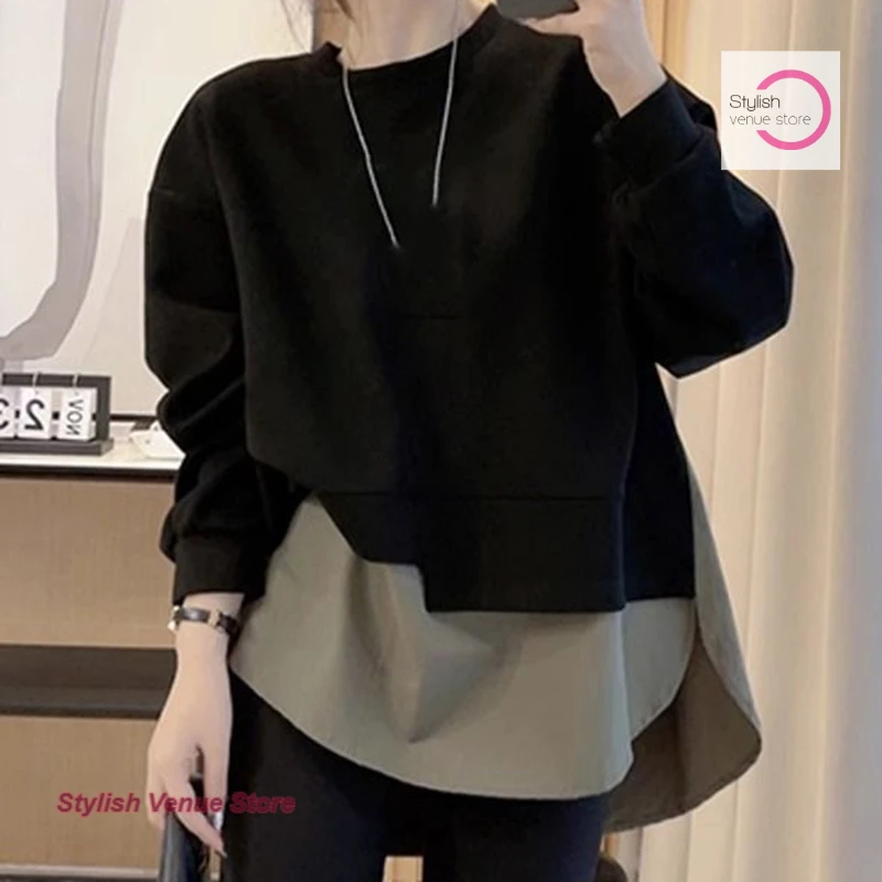 French-style plus-size fashion design fake two-piece sweater women's spring and autumn new temperament loose long casual top