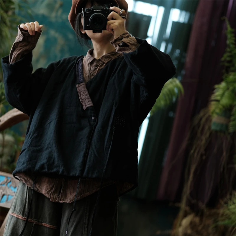 Women Cotton Linen Casual Coats New Arrival 2025 Autumn Chinese Style Vintage V-neck Loose Female Thick Basics Jackets M1869