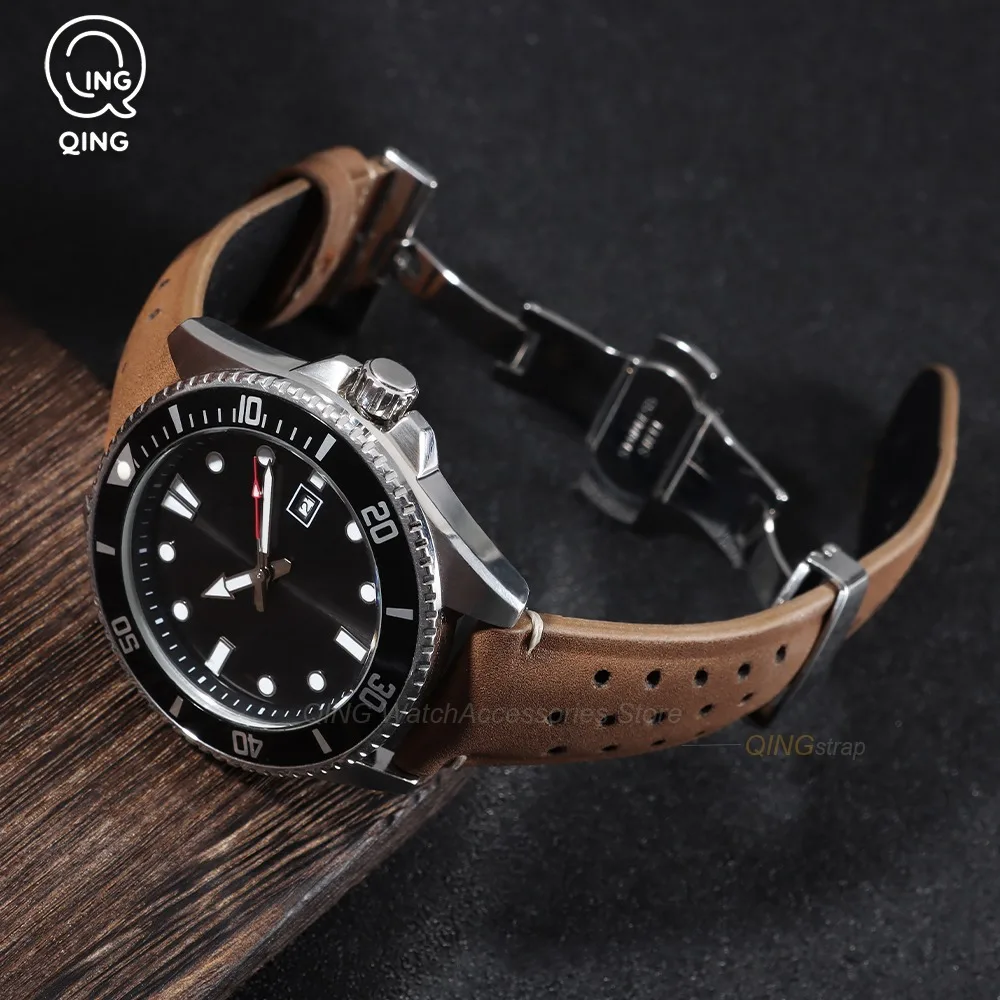 18mm 20mm 22mm Matte Perforated Breathable Leather Watch Strap Business Deployment Clasp Watch Band for Seiko for Rolex Bracelet