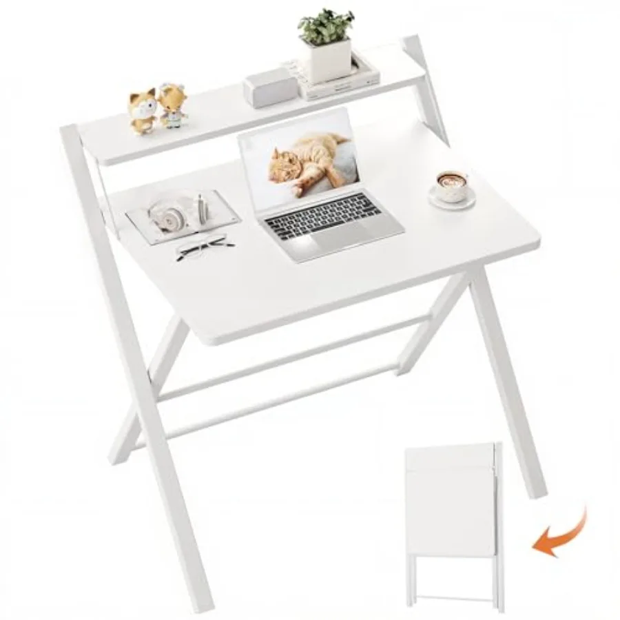 

No Assembly Folding Desk 2-Tier Compact Computer Desk with Shelf Space Saving Foldable Table for Home Office Dorm or Apartment