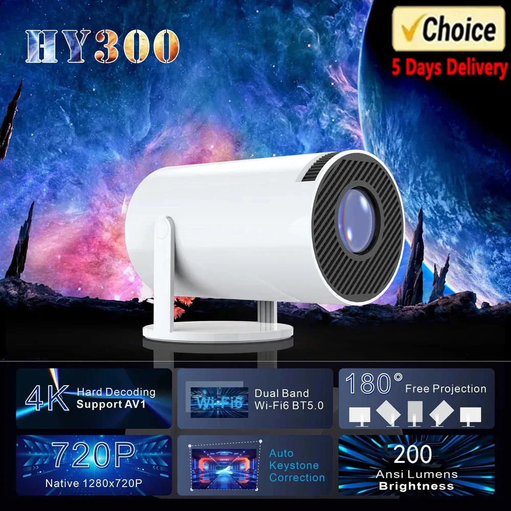 HY300 جهاز عرض صغير ذكي سماعة لاسلكية تعمل بالبلوتوث Android11.0Support1080P 4kDual جهاز عرض محمول لاسلكي Bluetooth5.4 داخلي