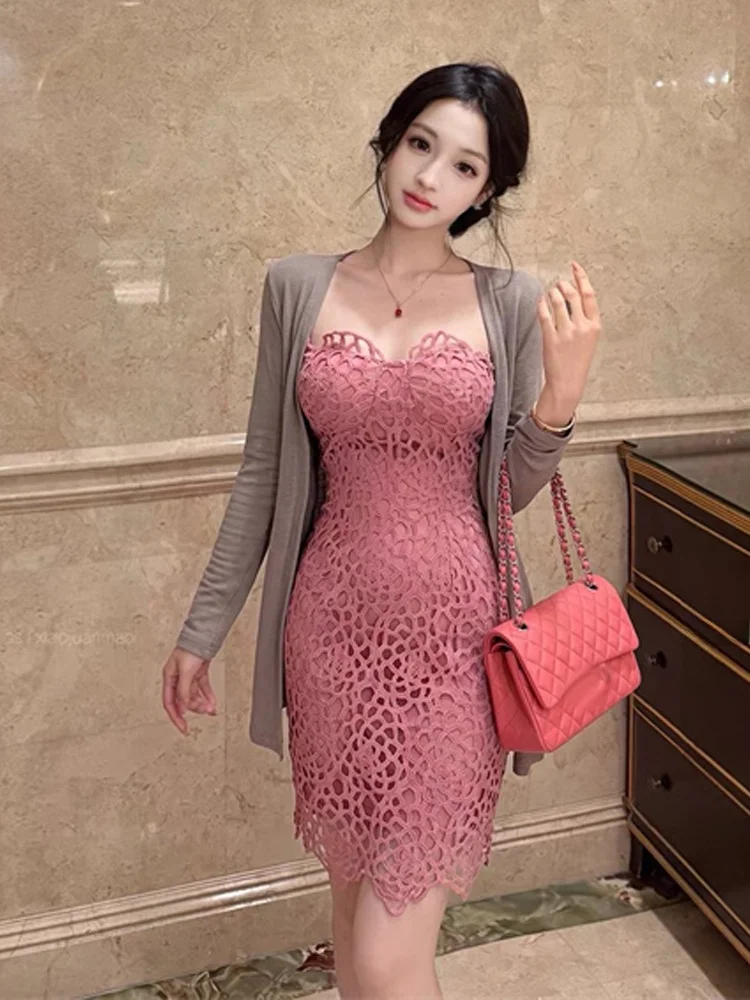 Elegant Pure Desire Sexy Red Lace Splice Tube Dress Long Sleeve Hollow out Design Gray Cardigan Set Women's Fashion Ensemble