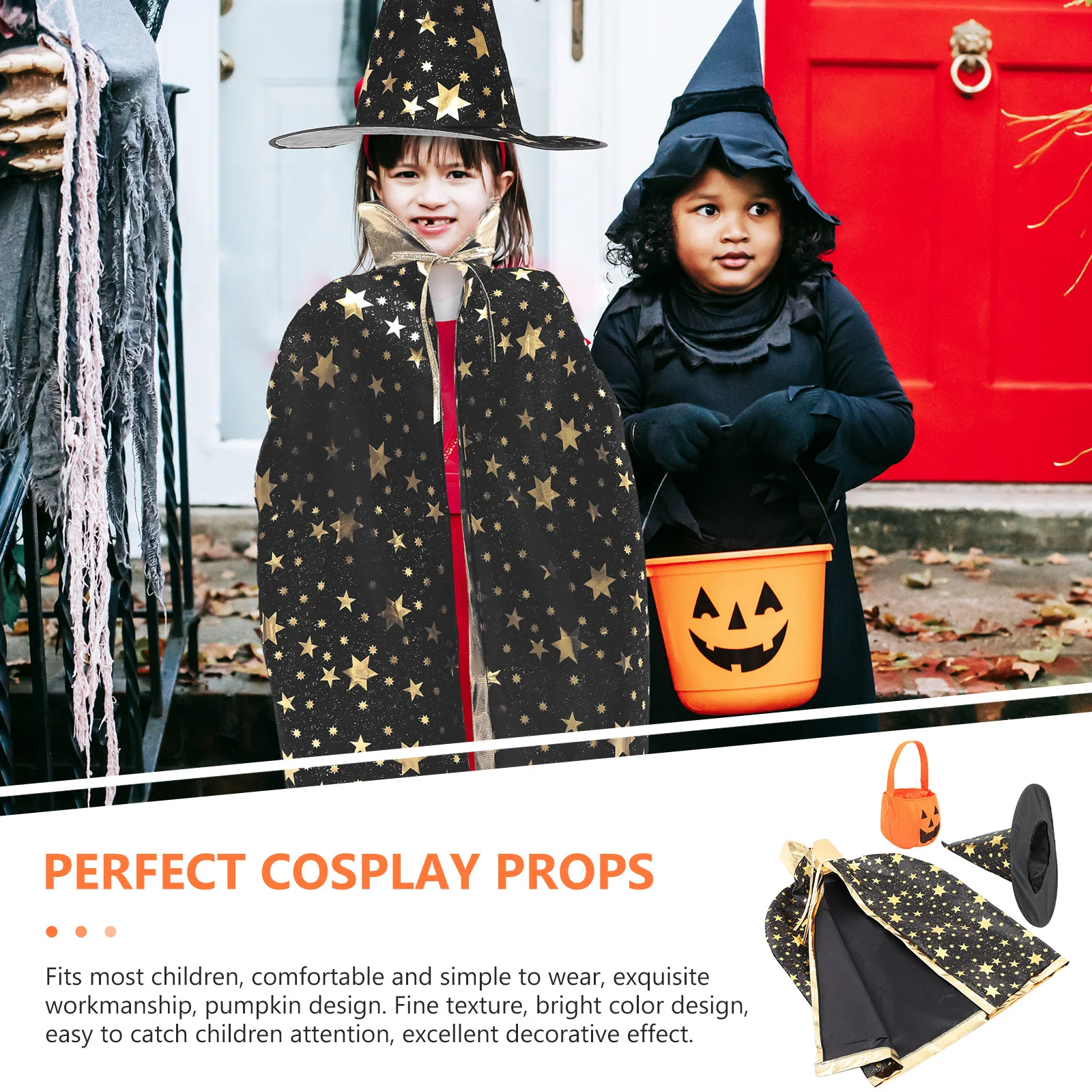 1 ensemble de Costume d'halloween citrouille pour enfants, ensemble Cape et chapeau, Cape de fête Cosplay, tenue de mascarade de magicien, ensemble d'outils pour enfants