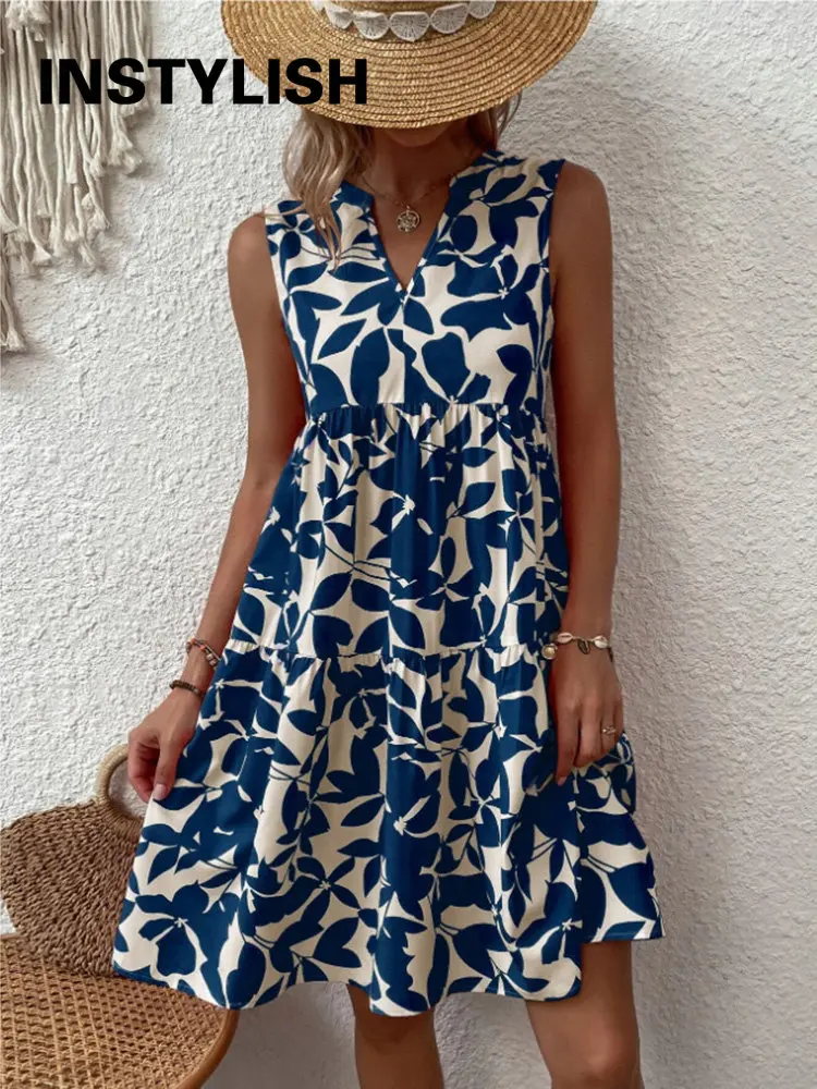 Elegant V Neck Print Ruffles A Line Dress Women Summer Sleeveless Bohemian Sundress Casual Loose Knee Length Beach Party Dress