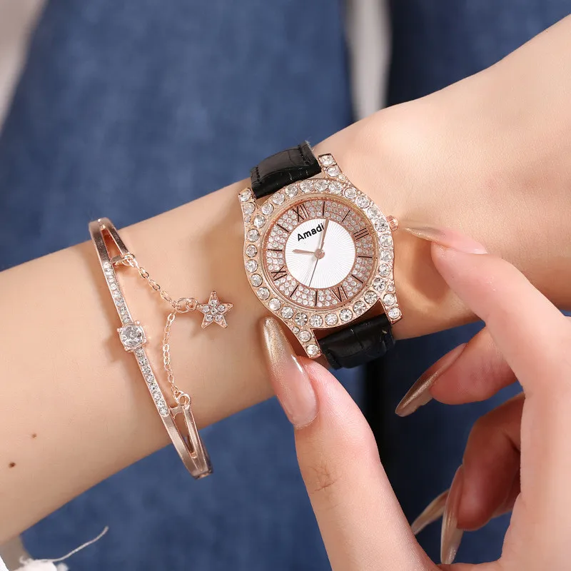 Women's Diamond Studded Belt Watch, Elegant Ladies' Watch with Sparkling Diamond Decoration