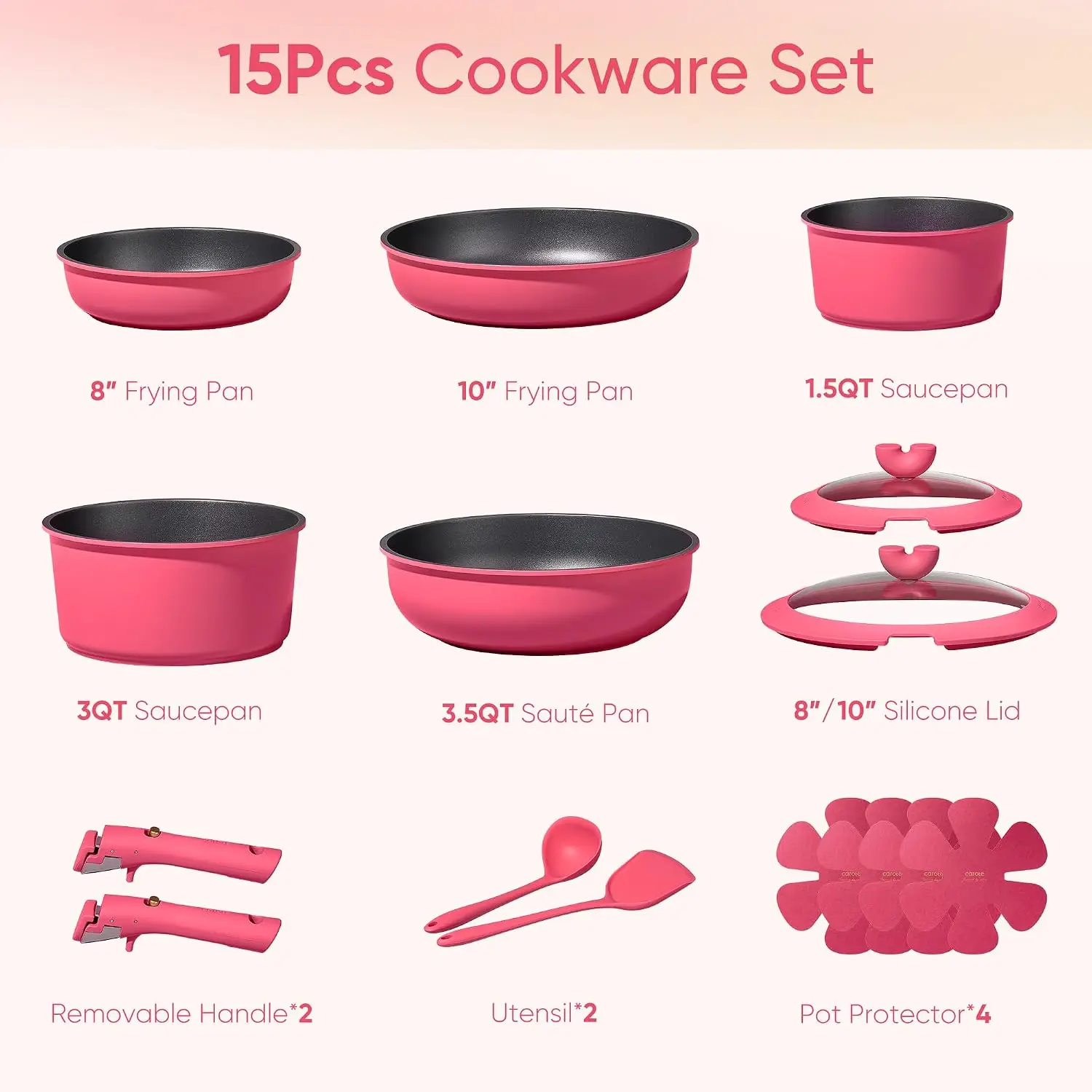 15pcs Pots and Pans Set Non Stick, Cookware Set Detachable Handle | Induction Compatible, Dishwasher & Oven Safe, Space