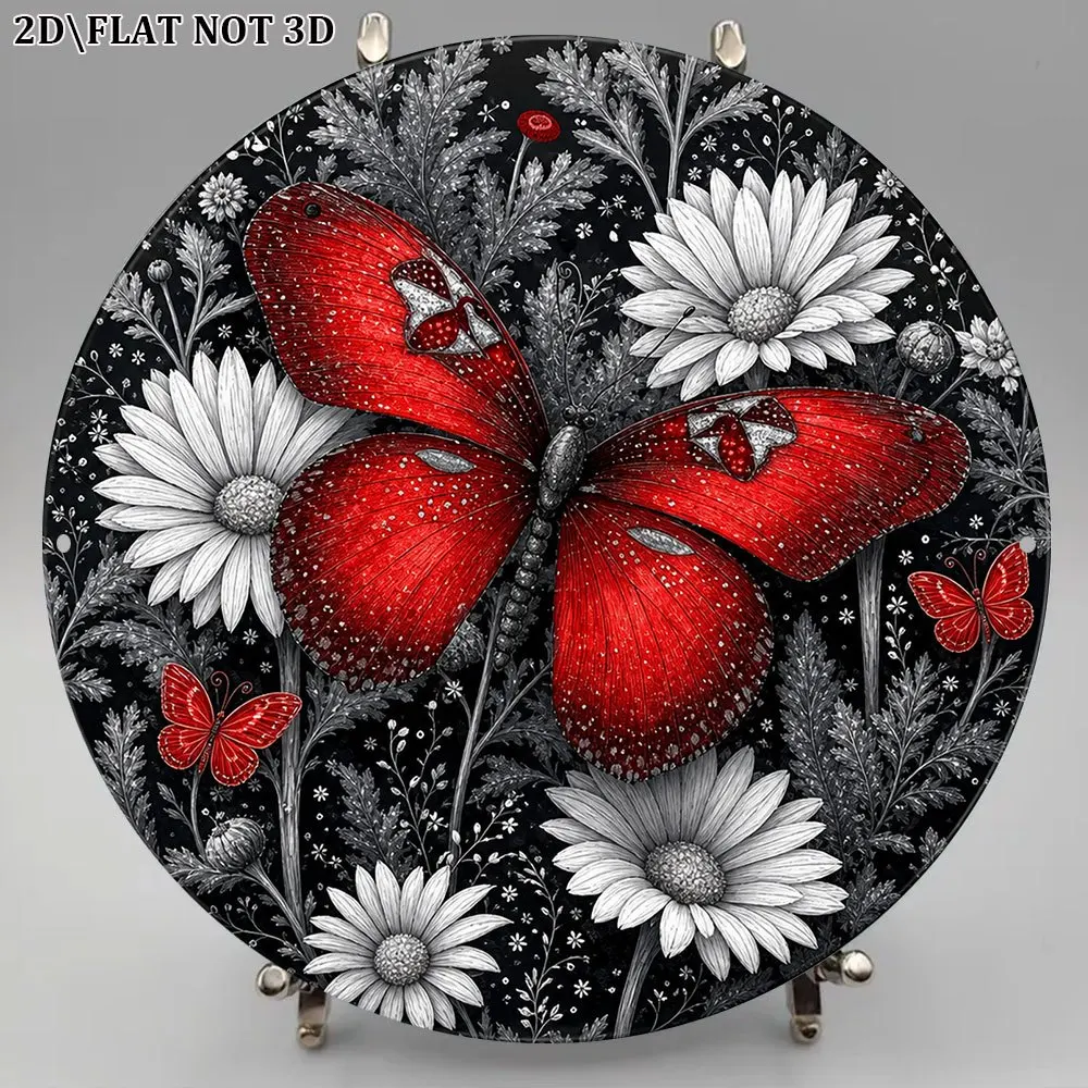 2D Flat, 1pc 1pcs Suitable for Living Room, Bedroom, Vintage Red Butterfly & Daisy Round Wall Decor - 8x8in/20x20cm Plaque with