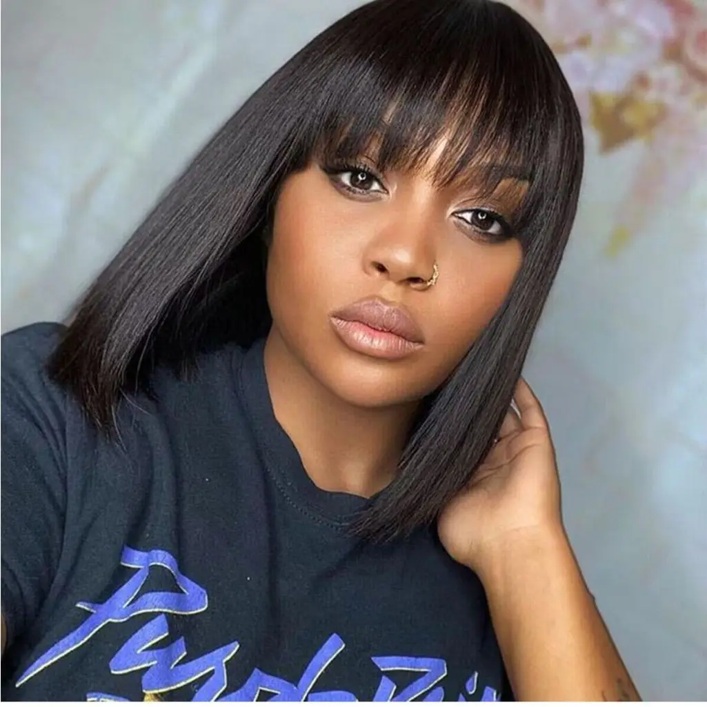 

Прямой парик-каре с челкой для женщин, перуанский парик машинной работы, натуральный цвет, 100% человеческие волосы, короткий парик-каре