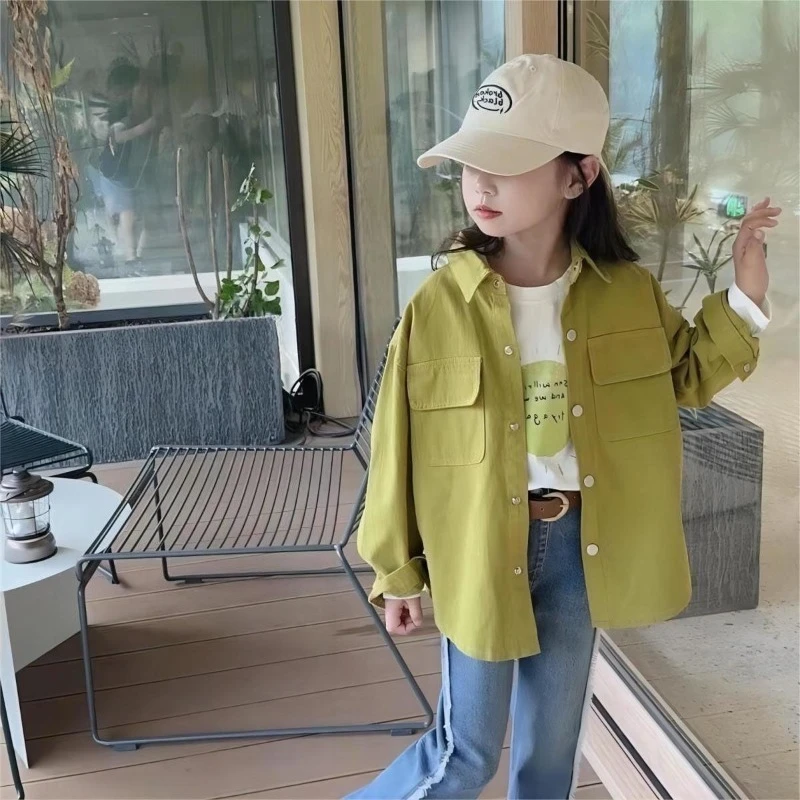 2025 Autumn New Girl's Shirt Jacket Korean Style Long Sleeve Casual Loose Outerwear Top for Big Kids Tween Girls