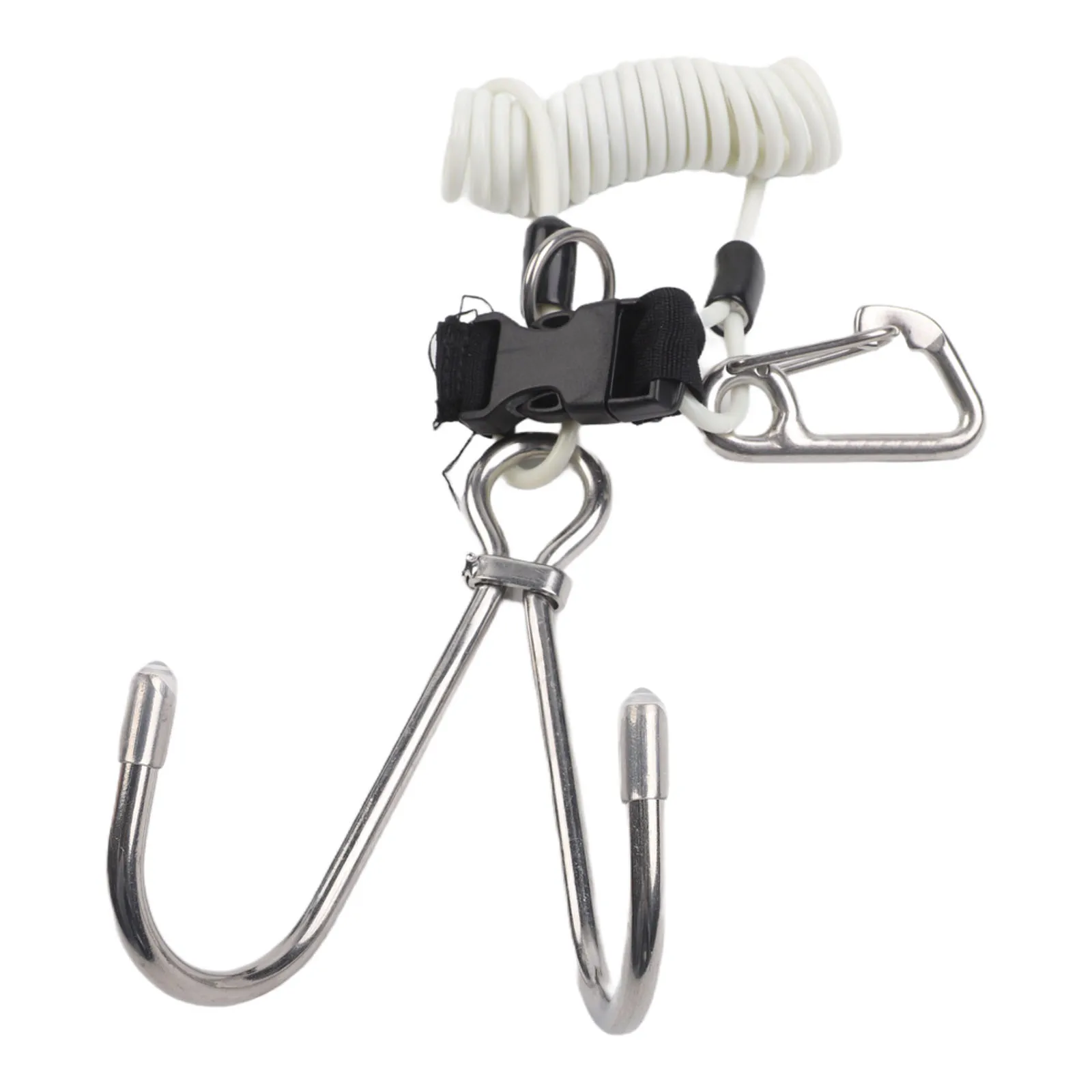 Stainless Steel Double Reef Hook with Spring Loaded Safety Lanyard and O Ring for Secure Attachment in Currents