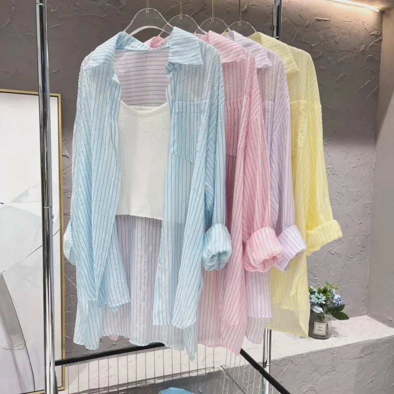 Thin Striped Starry Sky Rhinestone Cool Long-Sleeved Blouse for Women Ice Blue Sun Protection Shirt 2023 New Summer Camisas Tops