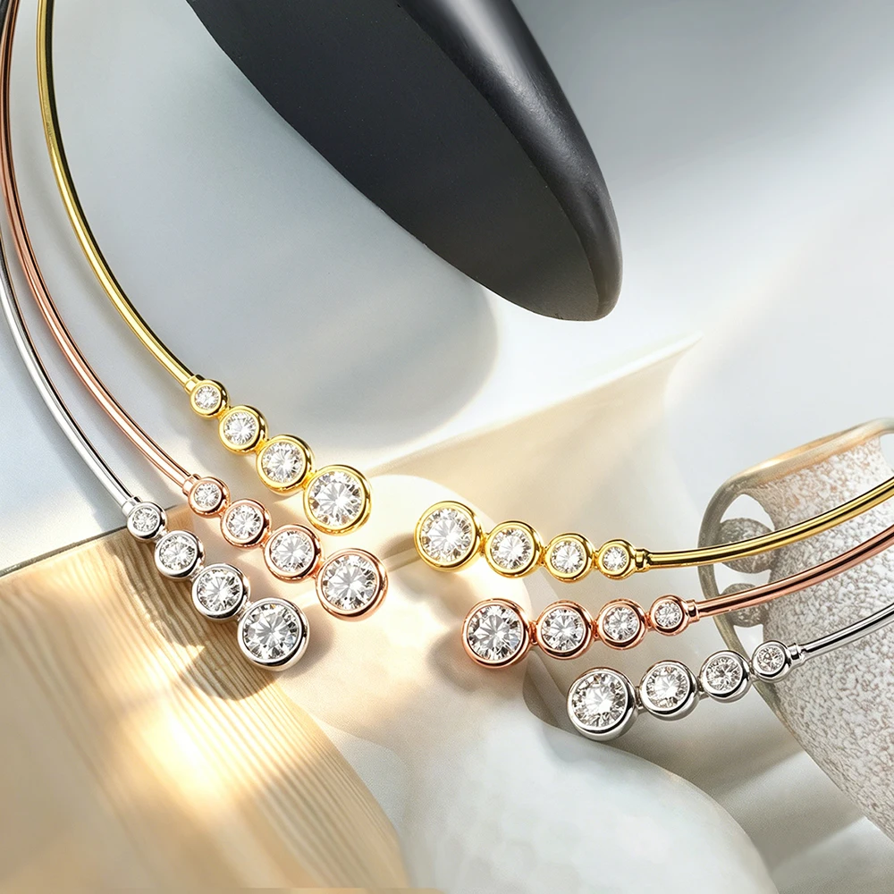 EWYA Luxury Round Bezel Bubble Moissanite Open Choker Neck Chain for Women S925 Silver 4-Stone Diamond Cuff Collar Necklace Gift