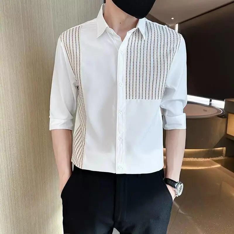 Summer New Turn-down Collar Fashion Three Quarter Shirt Man High Street Casual Button Cardigan Striped Printing Office Y2K Tops