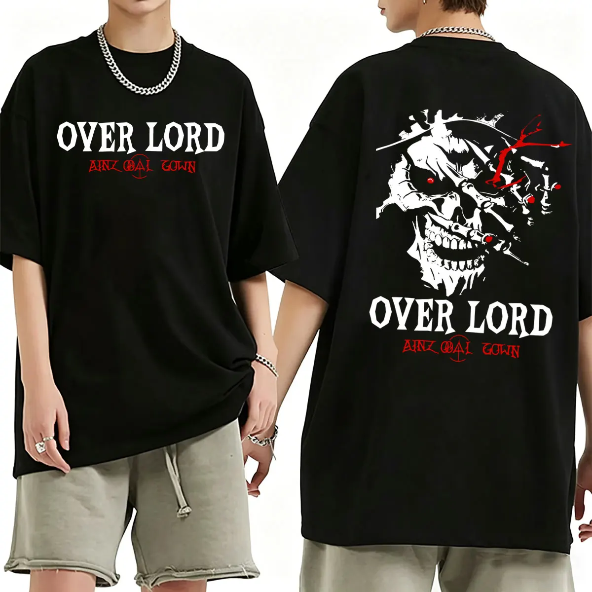 Anime Overlord Ainz Ooal Gown Over Lord Grafik-T-Shirt für Männer und Frauen Lässiges Oversize-Rundhals-T-Shirt Retro-Skelett-T-Shirt