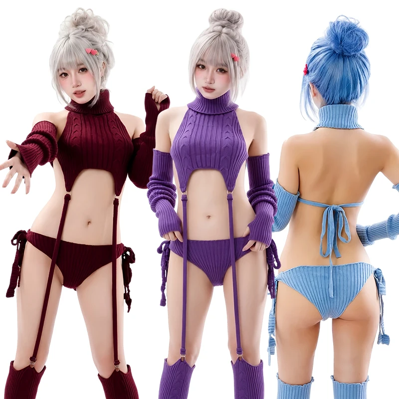 SENMHS Original Black Sexy Gothic Garter Sweater Bodysuit Bikini Pajamas Anime Game Cosplay Temptation Lingerie for Women