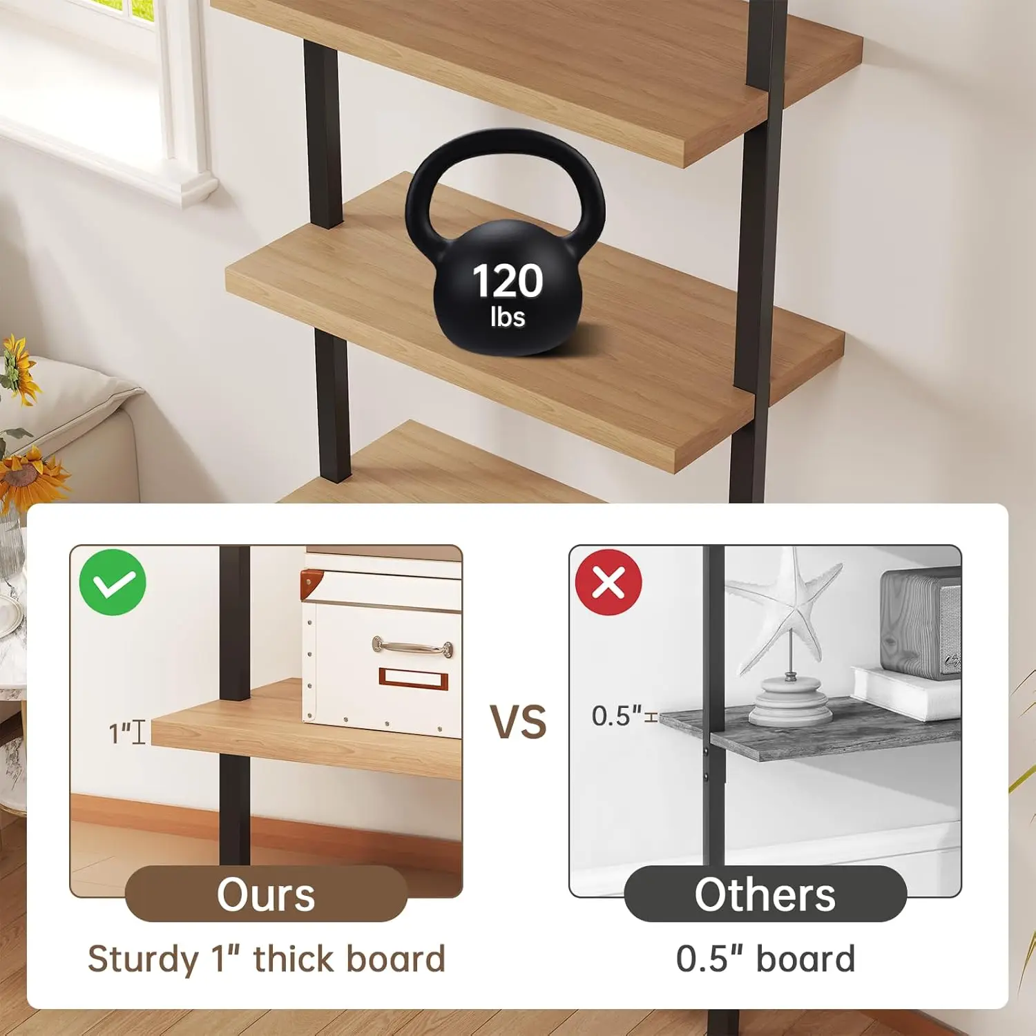 Ladder Bookshelf, 4 Tier Book Shelf with Rattan Cabinet, Wall Mount Bookshelves and Bookcases with Metal Frame, Anti Dump, Tall