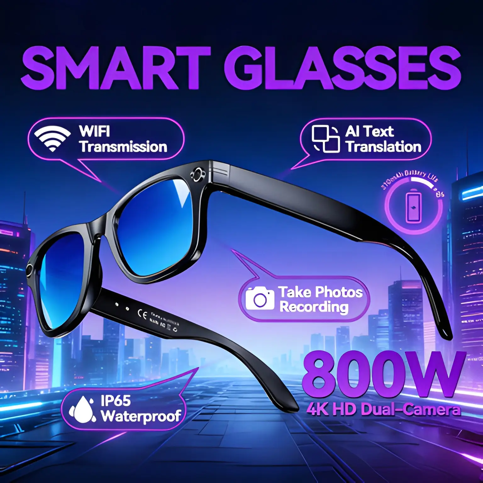 Óculos Inteligentes 2026 TOP 1 AI Meta com Câmera de 8MP, Gravação de Vídeo, Tradução em Mais de 100 Idiomas, Chamada Bluetooth e Reprodução de Música