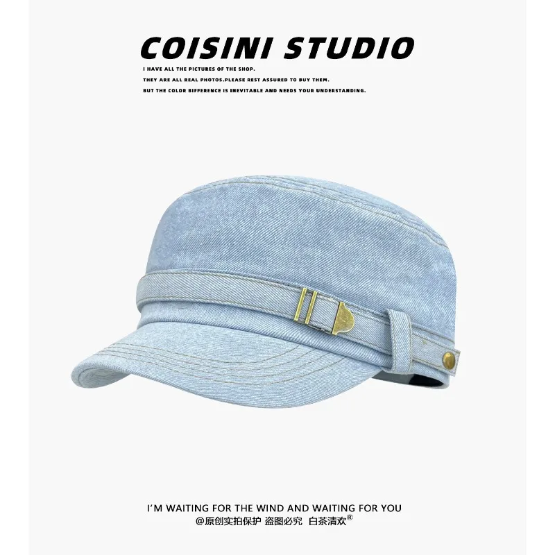 Korean Niche Denim Flat Top Painter Caps for Men and Women Spring and Summer Outdoor Wide Brim Shade British Peaked Hat