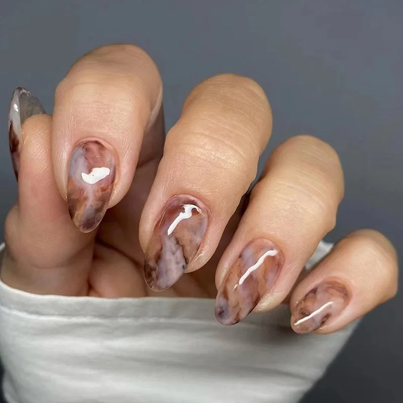 24pcs Press on Nails Short Oval Fake Nails Ink Blending Design Fernch Tip Salon Quality Artificial Reusable Glossy Stick on Nail