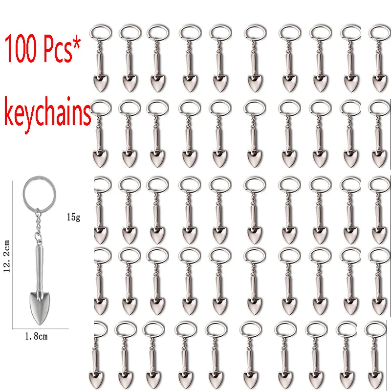 

100pcs Novelty Mini Shovel Keychains Metal Spade Keyrings for Promotion Key Chains Keyfob 3D Shovel Metal Souvenir Trinket Tools