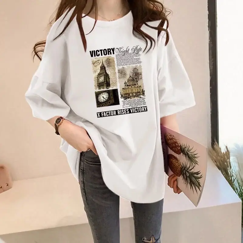 

Street Casual Loose Printing Tops Summer New O-neck Short Sleeve Plus Size All-match Youth T Shirts Fashion Trend Women Clothing