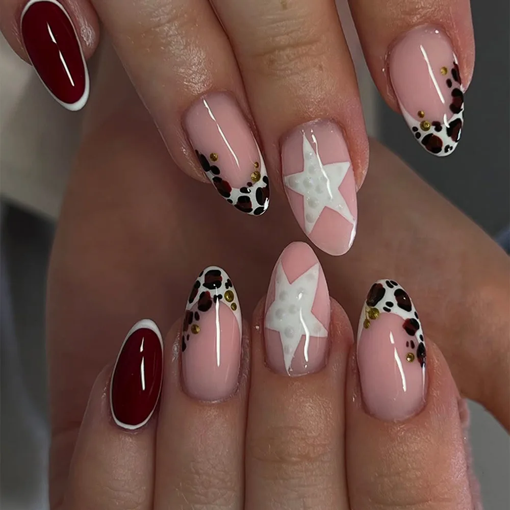 

24PCS Simple Nude Almond False Nails with Glue White Star Leopard Print Pattern French Fake Nails for Women Autumn Press on Nail