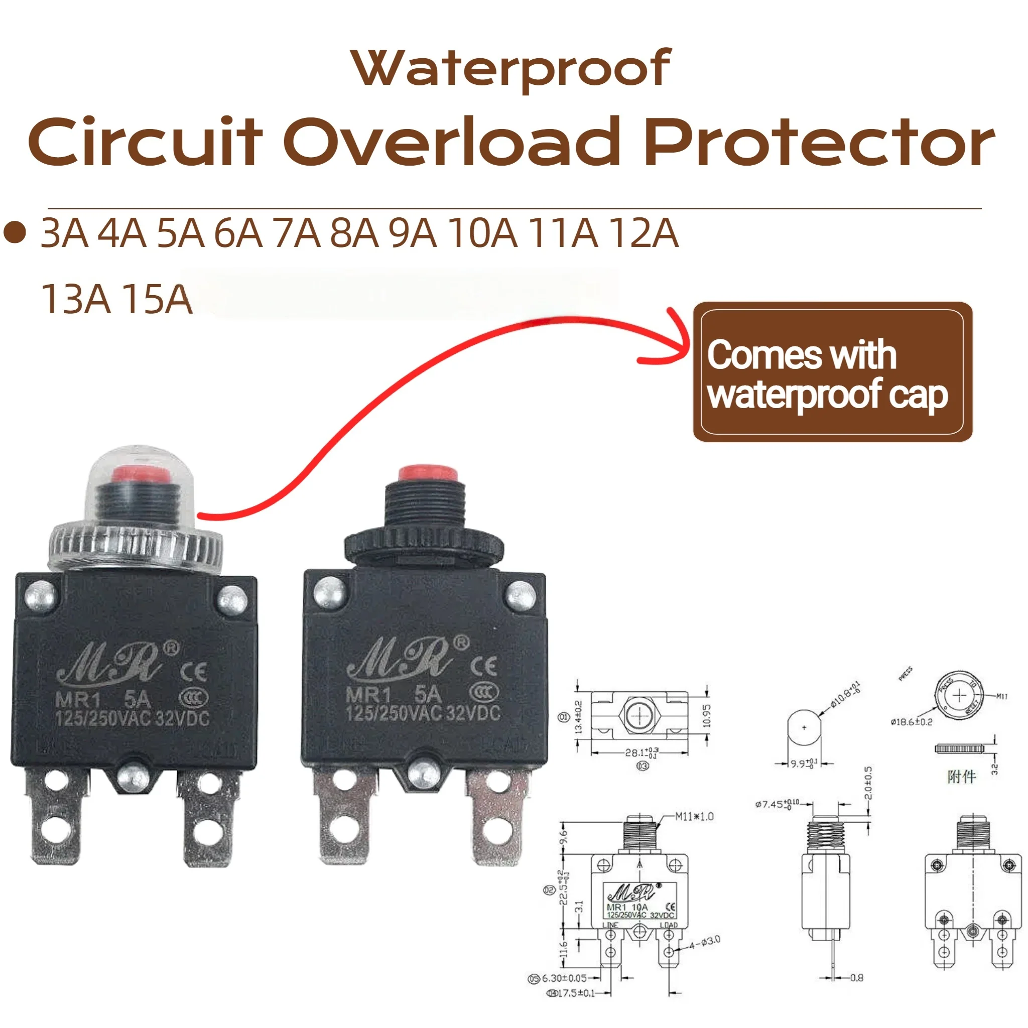 1/5/10Pcs Circuit Breaker Overload Protector Switch Fuse Resettable 220V with Waterproof Cap 3A 4A 5A 8A 10A 15A 18A 20A 25A 30A