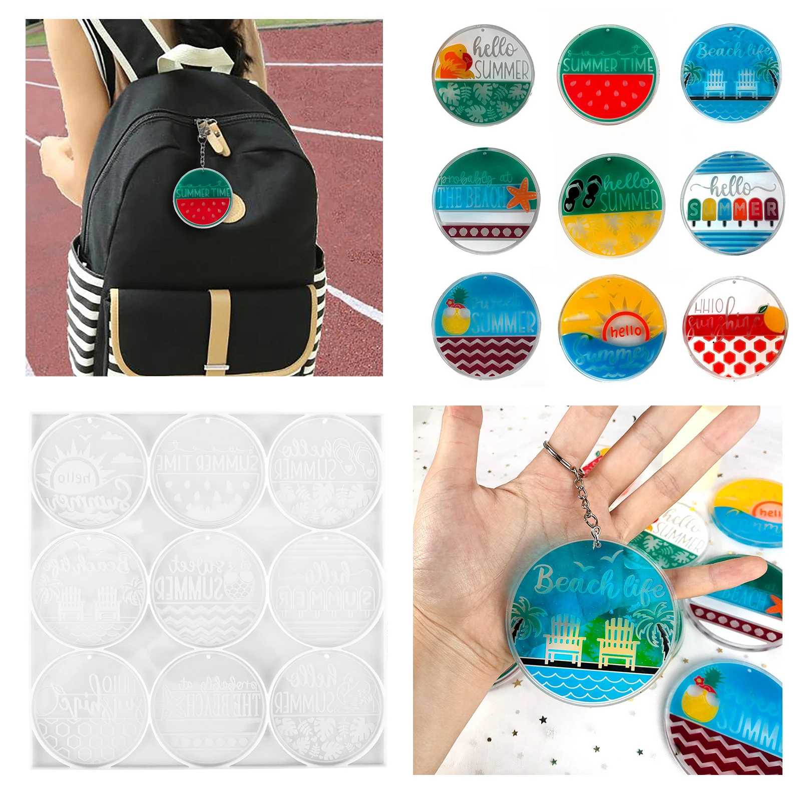 

s Keychain Mold Round Silicone Summer Pendant Watermelon Ice Cream Backpack Accessory White Flexible Craft Resin Molds