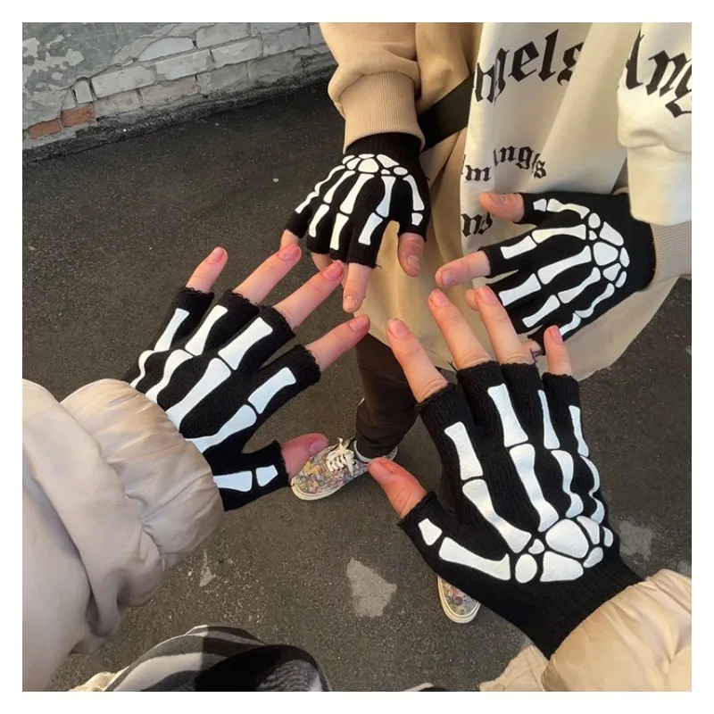 Cycling Gloves Halloween Skeleton Skull Finger Gloves Glow in The Dark Fingerless Stretch Knitted Winter Mittens Gloves for Bike