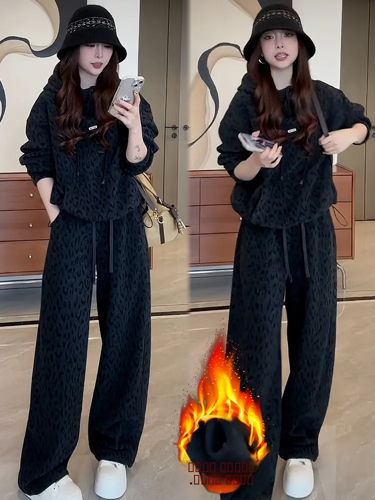 Laid-ba Set di abbigliamento sportivo da donna a vita alta pantaloni a gamba larga felpa con cappuccio in due pezzi inverno Faion casual confortevole caldo Thiened