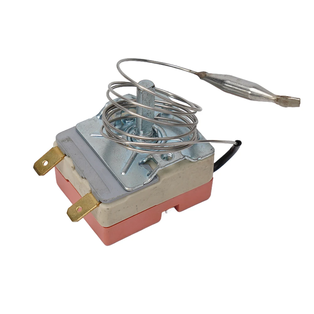 AC 250V เทอร์โมสตัทเทอร์โมสตัทแบบปรับได้ชิ้นส่วนเครื่องใช้ในครัวเทอร์โมสตัทสีดําการออกแบบท่อเส้นเลือดฝอยติดตั้งง่าย