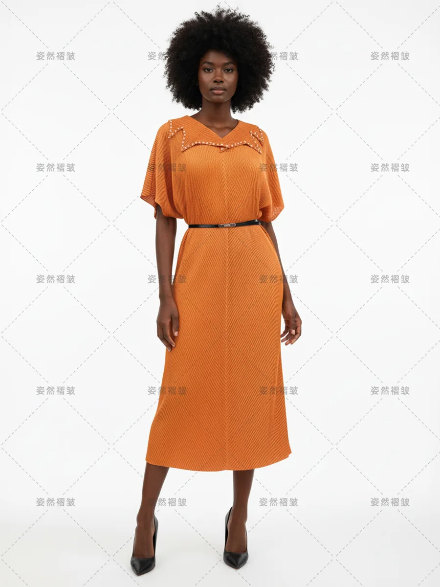 

Plus Size Clothing For Chubby Women Miyake Pleats Dresses Chiffon Elegant Party Casual Luxury Dress Short Sleeve Fashion Female