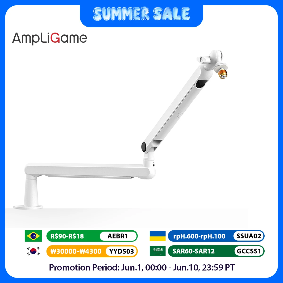 FIFINE Bras de flèche de microphone, bras de micro réglable à profil bas avec pince de montage sur bureau, rangement de câble pour le streaming de jeux-blanc BM88W