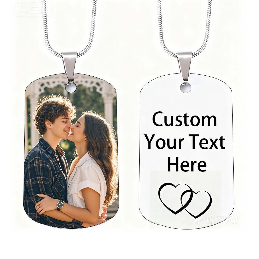 

Stainless Steel Personalized Couple Photo Dog Tag Necklace Custom Engraved Text & Interlocking Hearts Pendant Jewelry for Lovers