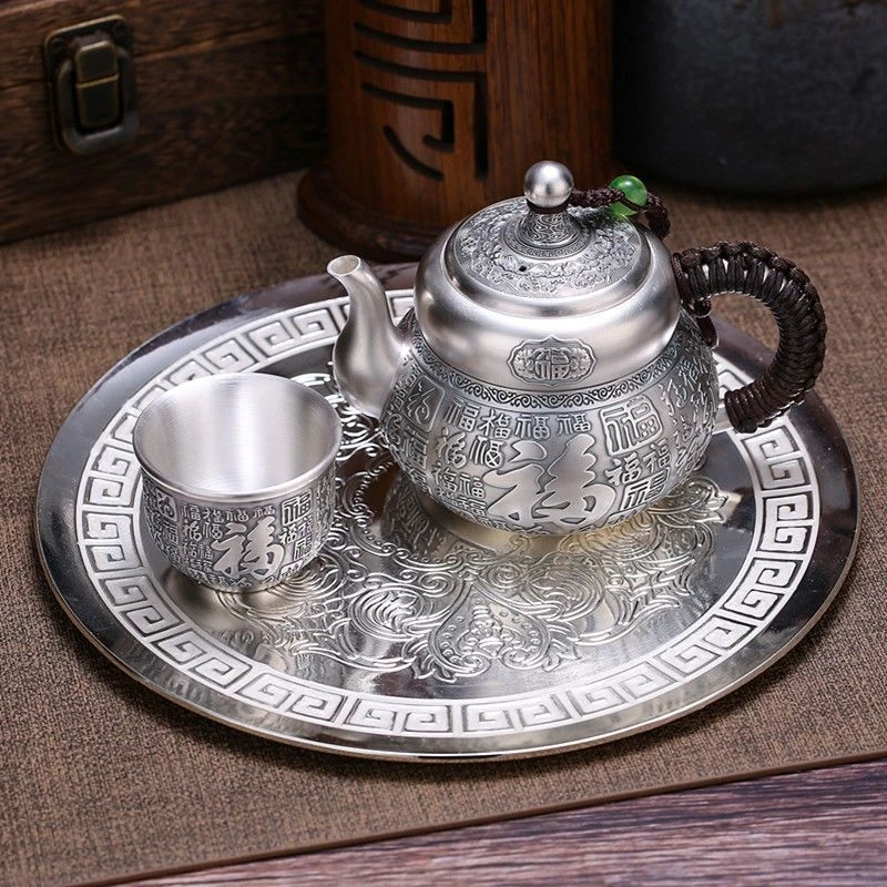 Baifu 999 silver tea set silver master cup Chinese set 1 tray 1 Pot 4 cups retro tea pot gift