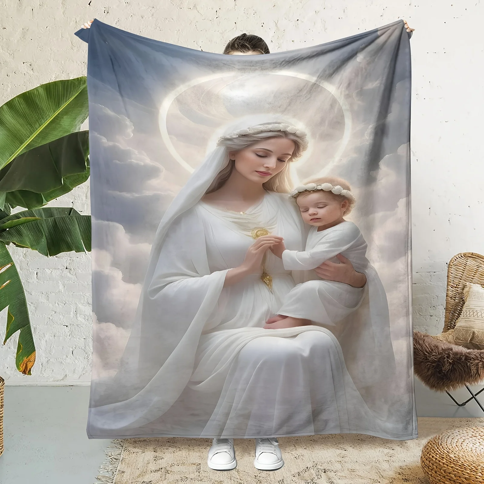 Ultra-Soft Virgin Mary Design Flannel Blanket – All-Season Use for Sofa, Bed, Office & Camping